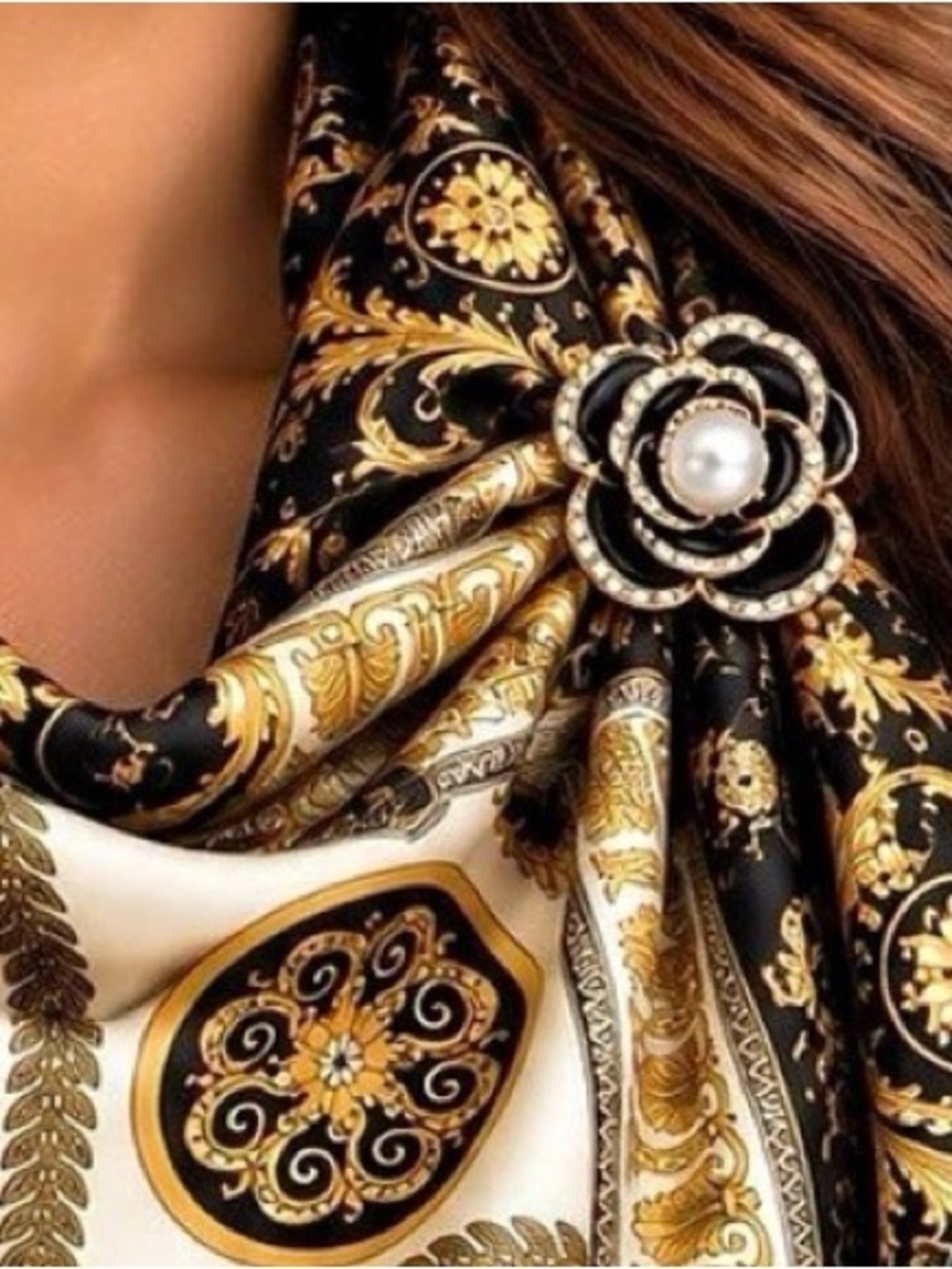 Black & Gold Baroque Medallion Scarf with floral pearl brooch